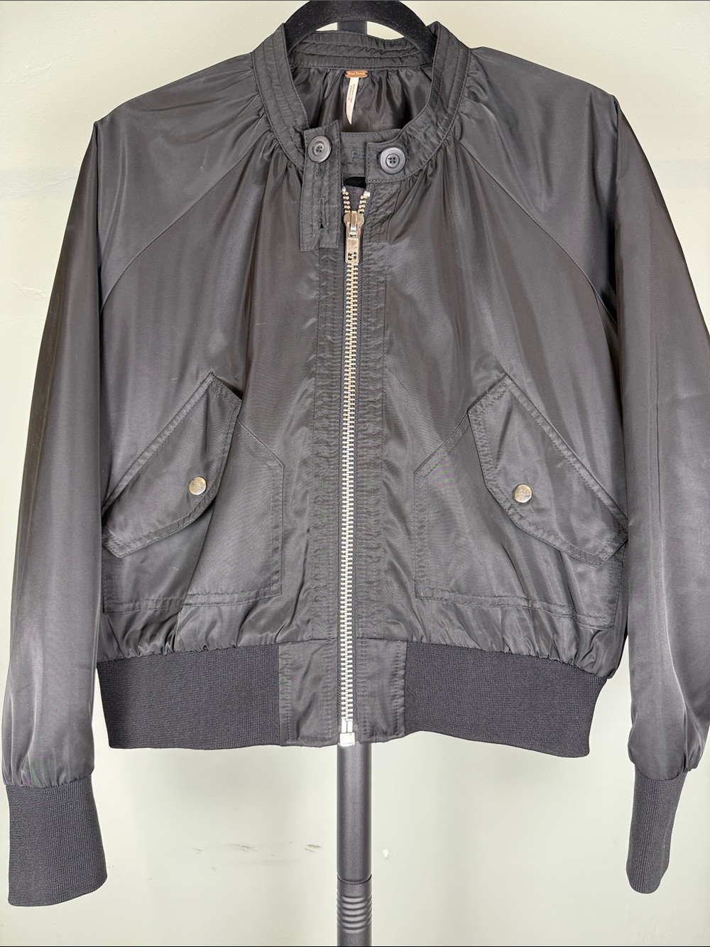 Free People Midnight Bomber Jacket Black XS EUC Satin Aviator Lightweight